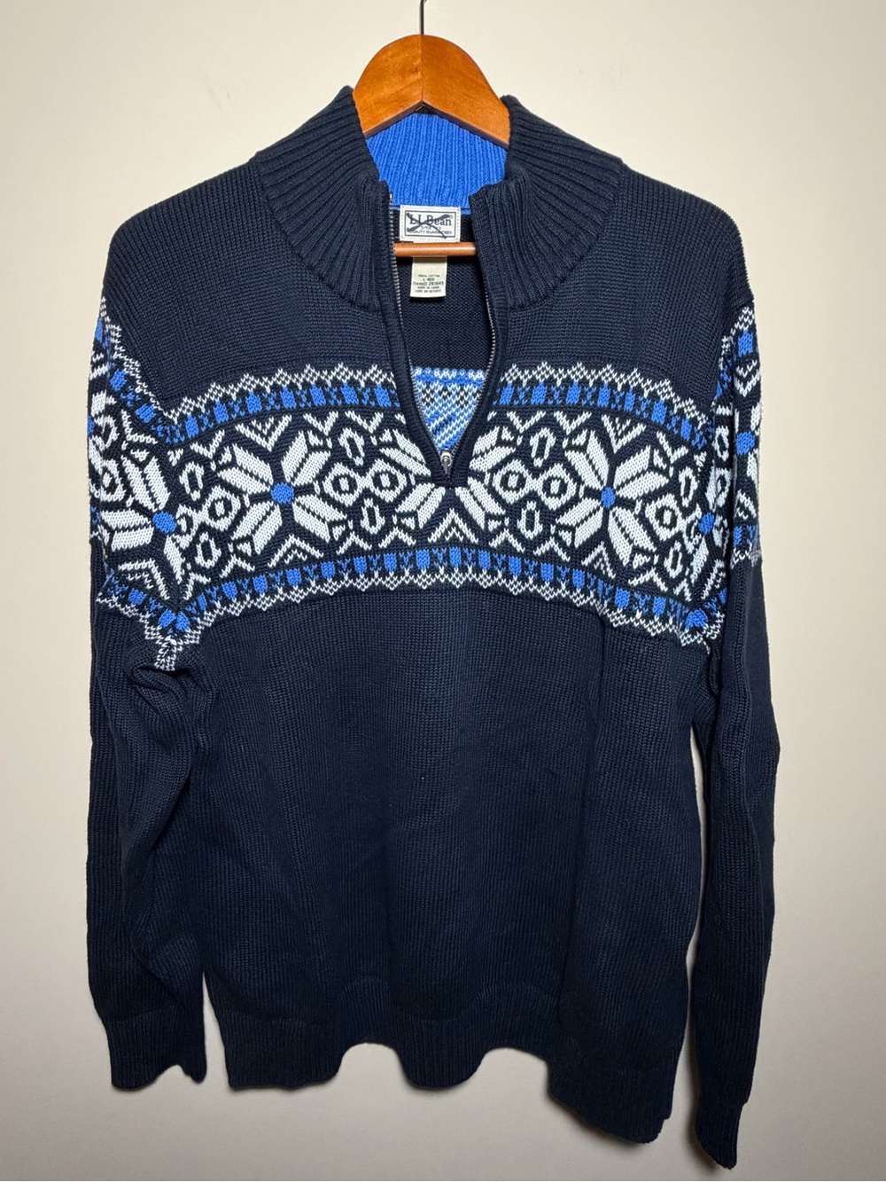 LL Bean Nordic Fair Isle Quarter Zip Sweater Mens Large Blue 100% Cotton Knit